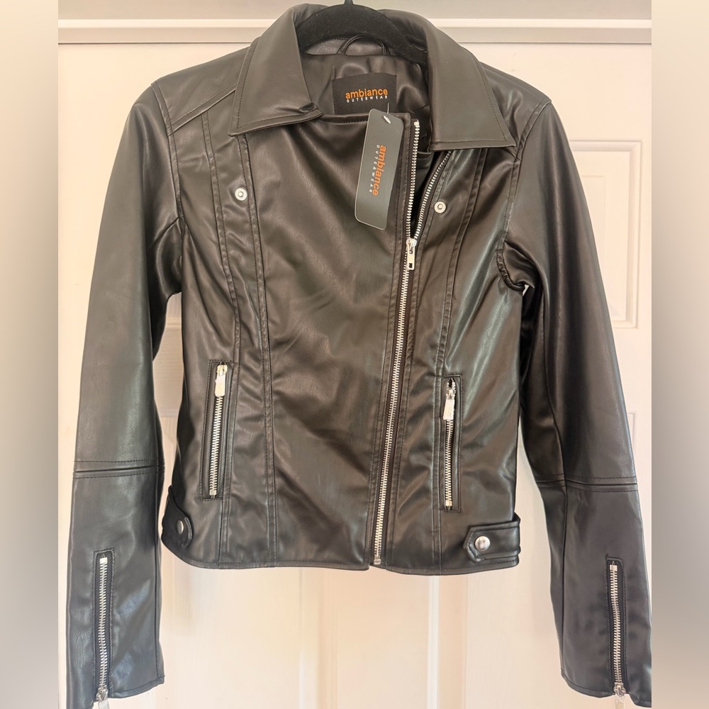 Ambiance Black Faux Leather Zipper Moto Jacket Size S
